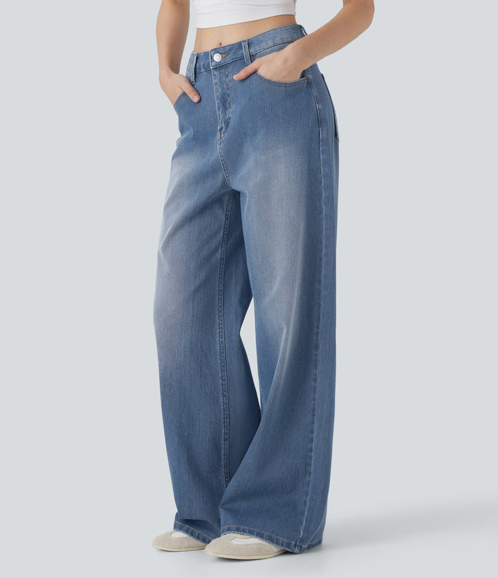 Mid Rise Washed Casual Baggy Jeans with Pockets — Tide Blue Denim — view 1