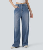 Mid Rise Washed Casual Baggy Jeans with Pockets — Tide Blue Denim — view 3