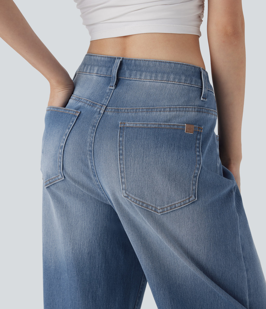 Mid Rise Washed Casual Baggy Jeans with Pockets — Tide Blue Denim — view 5