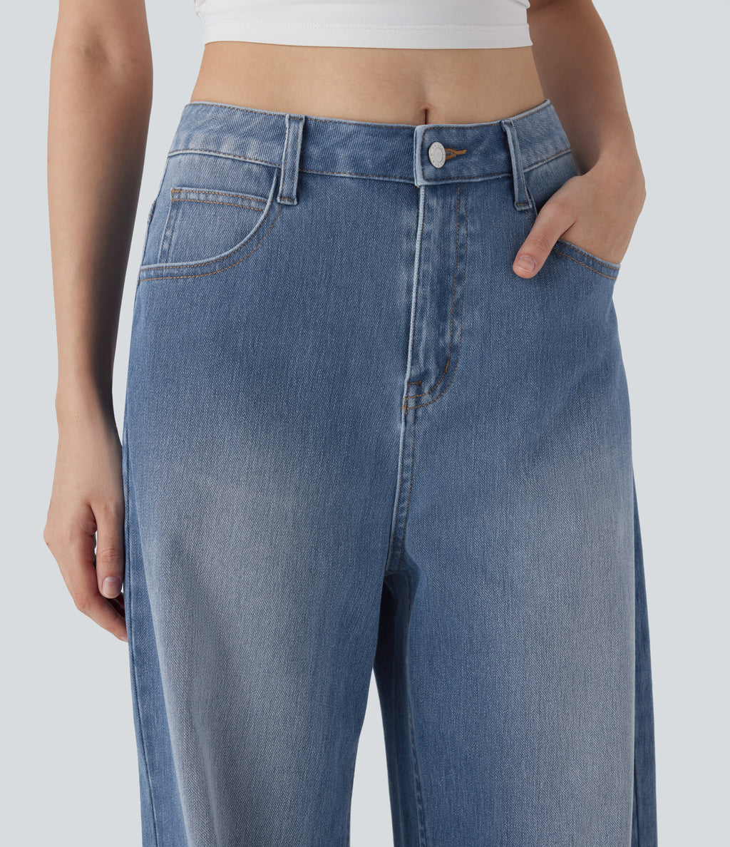 Mid Rise Washed Casual Baggy Jeans with Pockets — Tide Blue Denim — view 4
