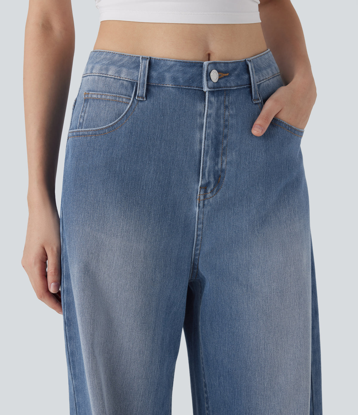 Mid Rise Washed Casual Baggy Jeans with Pockets — Tide Blue Denim — view 4
