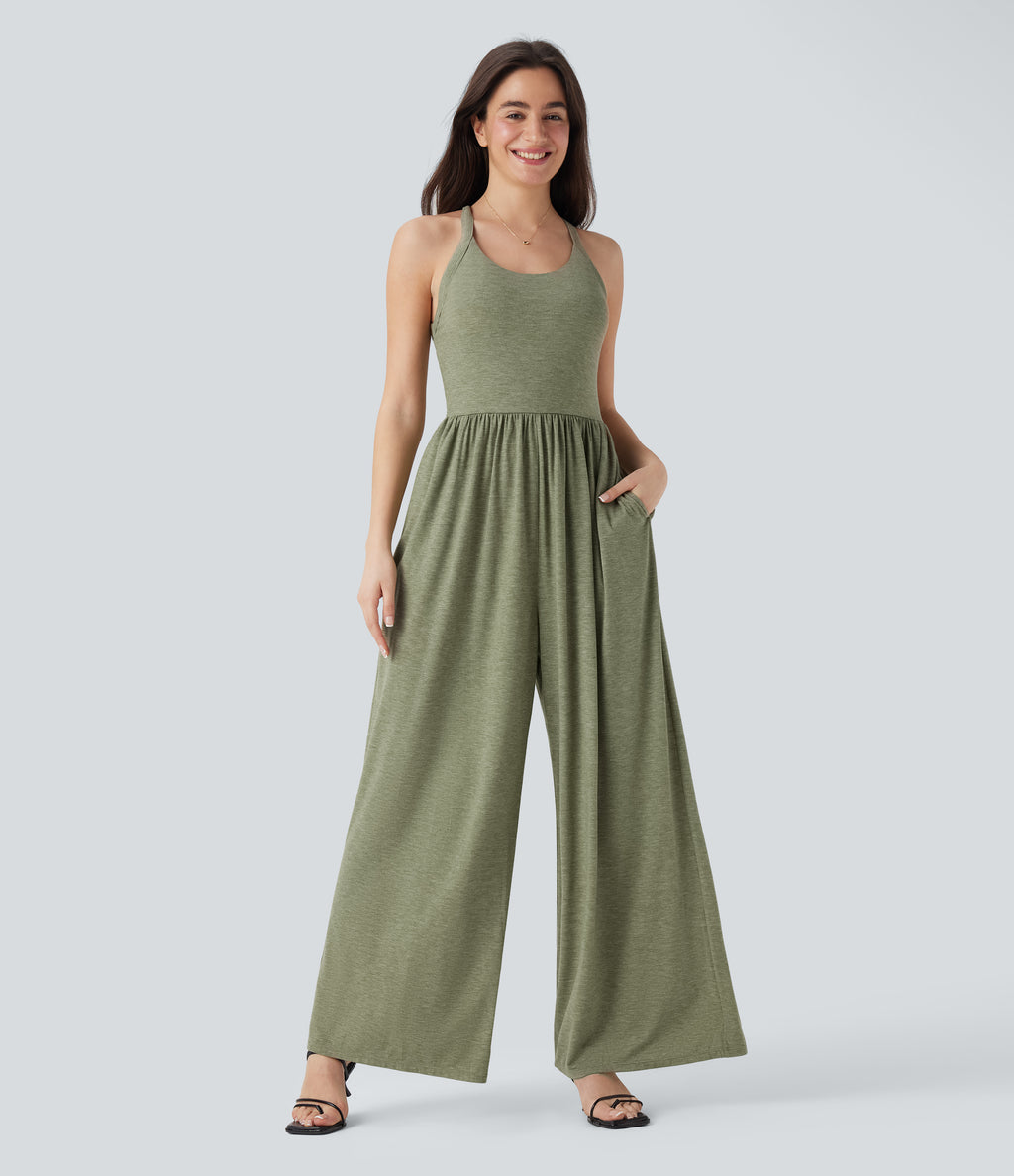 Built-in Bra Wide Leg Casual Jumpsuit with Pockets-Edition — Light Green Floral Yarn — view 2