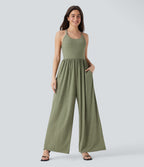 Built-in Bra Wide Leg Casual Jumpsuit with Pockets-Edition — Light Green Floral Yarn — view 2