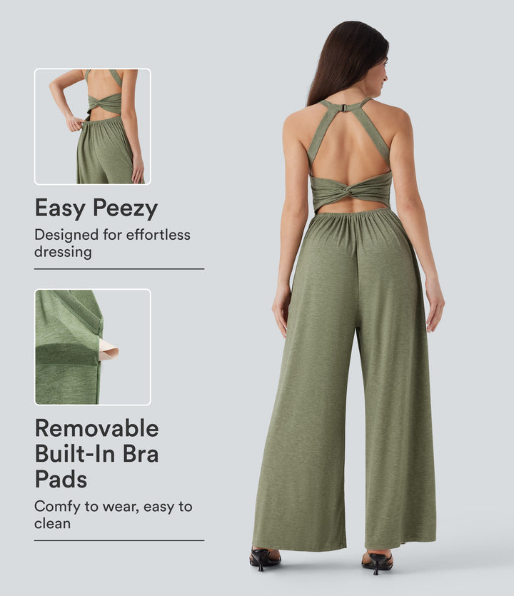 Built-in Bra Wide Leg Casual Jumpsuit with Pockets-Edition — Light Green Floral Yarn — view 1