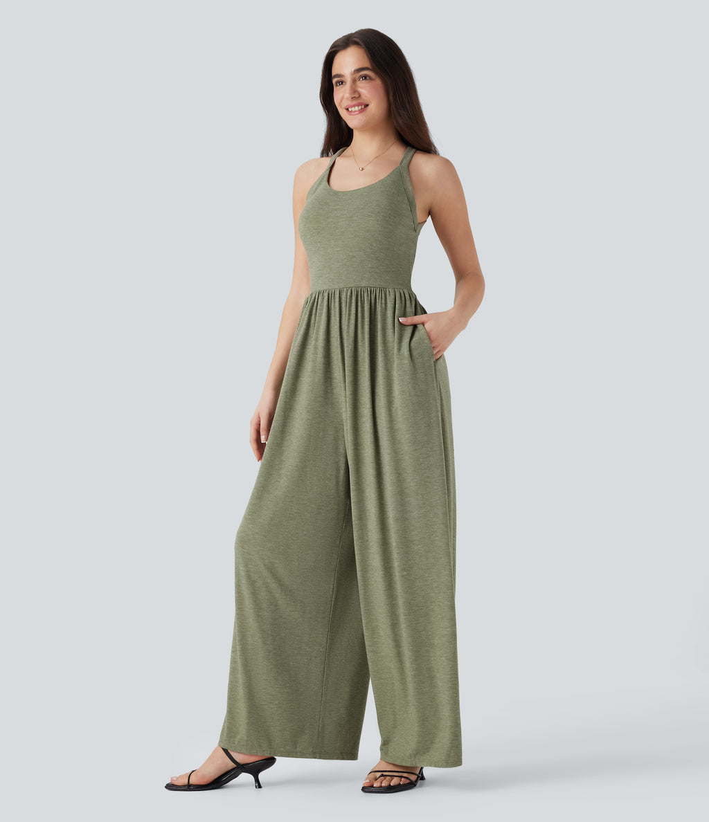 Built-in Bra Wide Leg Casual Jumpsuit with Pockets-Edition — Light Green Floral Yarn — view 3