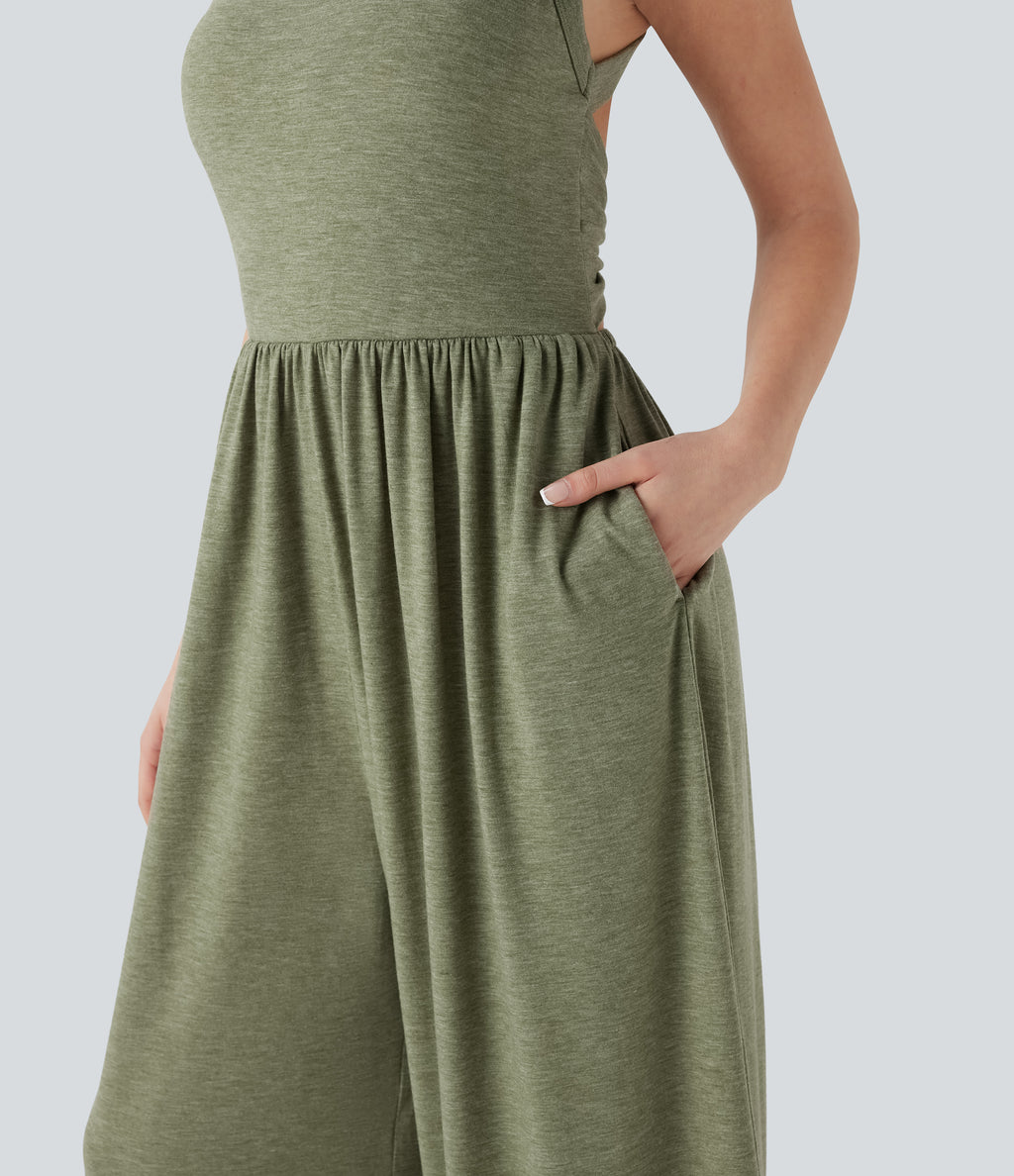 Built-in Bra Wide Leg Casual Jumpsuit with Pockets-Edition — Light Green Floral Yarn — view 7