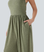 Built-in Bra Wide Leg Casual Jumpsuit with Pockets-Edition — Light Green Floral Yarn — view 7