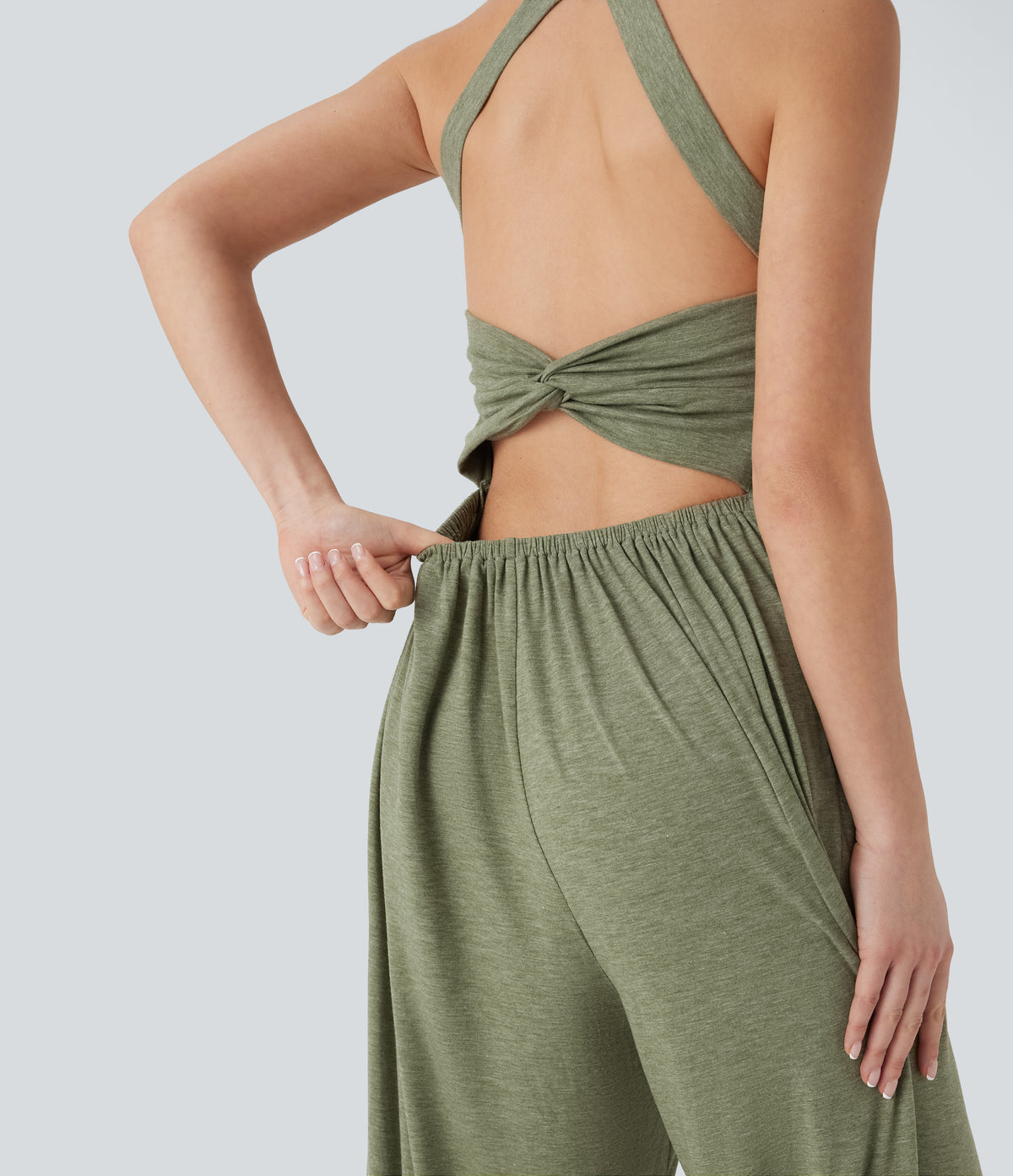 Built-in Bra Wide Leg Casual Jumpsuit with Pockets-Edition — Light Green Floral Yarn — view 4