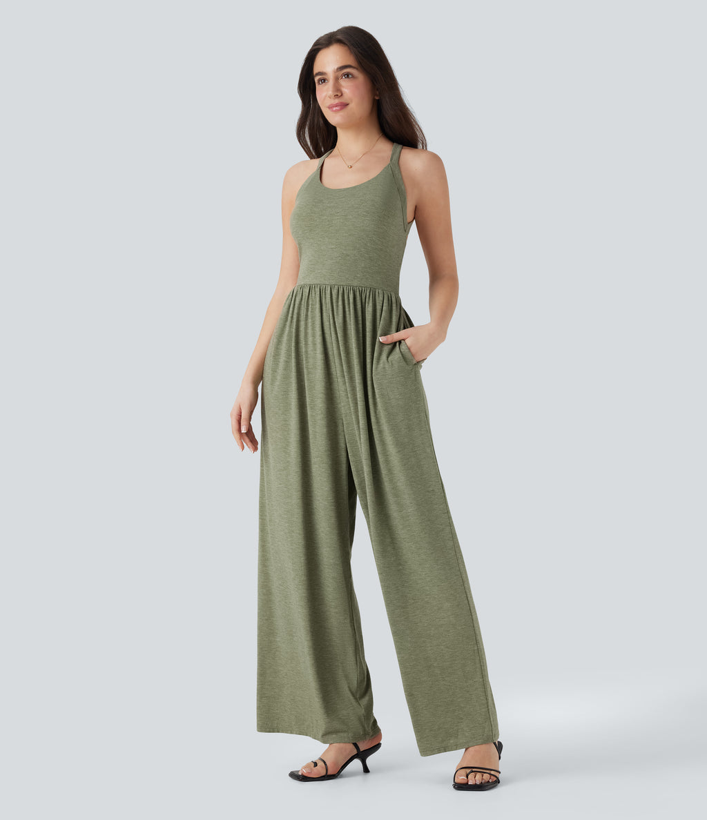 Built-in Bra Wide Leg Casual Jumpsuit with Pockets-Edition — Light Green Floral Yarn — view 8