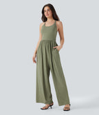 Built-in Bra Wide Leg Casual Jumpsuit with Pockets-Edition — Light Green Floral Yarn — view 8