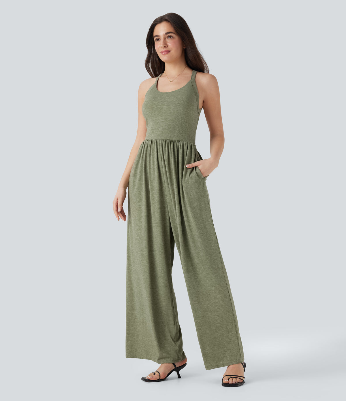 Built-in Bra Wide Leg Casual Jumpsuit with Pockets-Edition — Light Green Floral Yarn — view 8