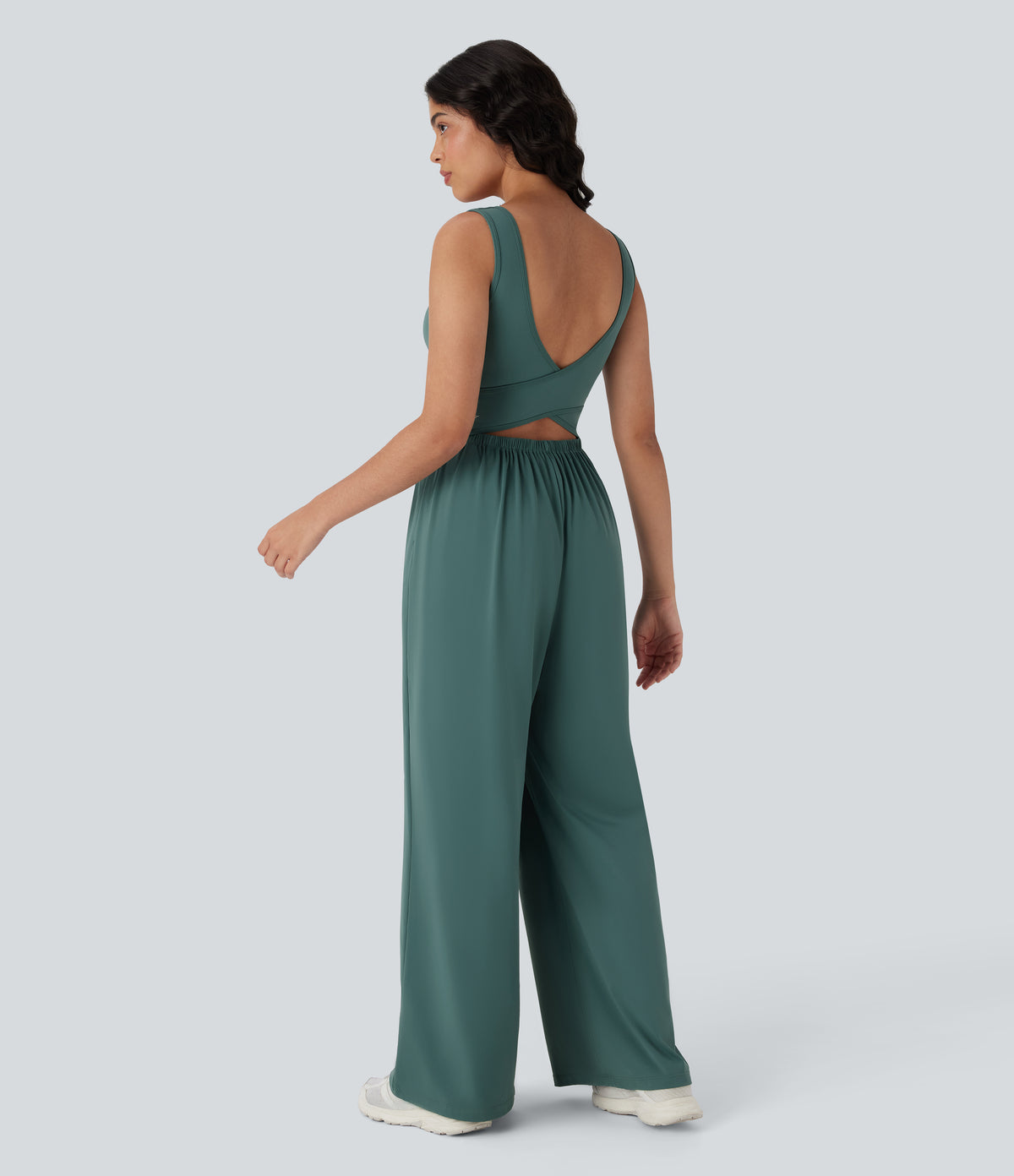 Airy Wide Leg Yoga Jumpsuit with Pockets — Blue Spruce — view 2
