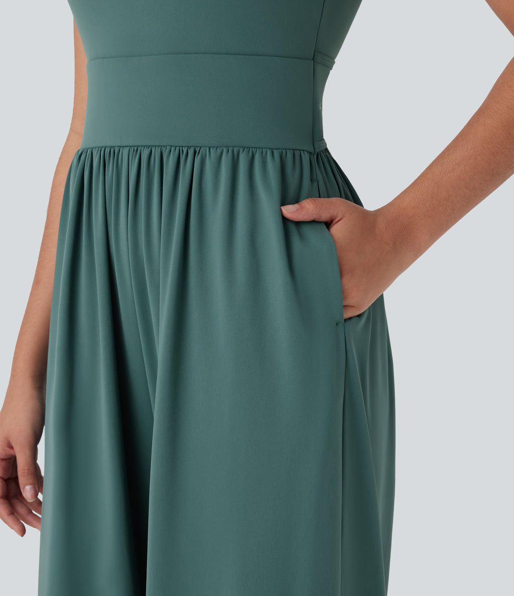 Airy Wide Leg Yoga Jumpsuit with Pockets — Blue Spruce — view 7