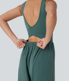 Airy Wide Leg Yoga Jumpsuit with Pockets — Blue Spruce — view 4