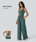 Airy Wide Leg Yoga Jumpsuit with Pockets — Blue Spruce — view 1