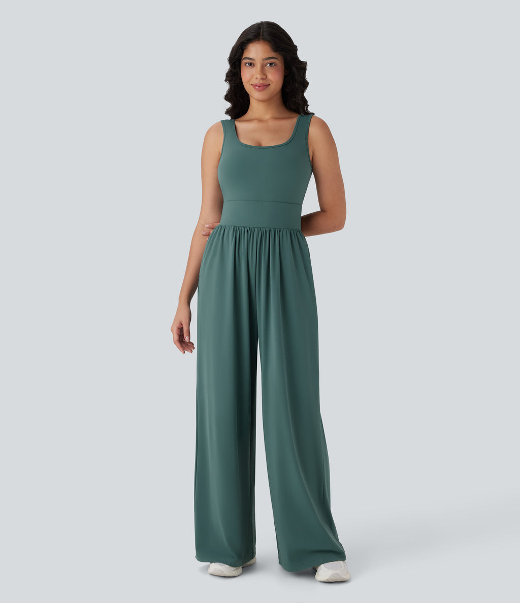 Airy Wide Leg Yoga Jumpsuit with Pockets — Blue Spruce — view 3