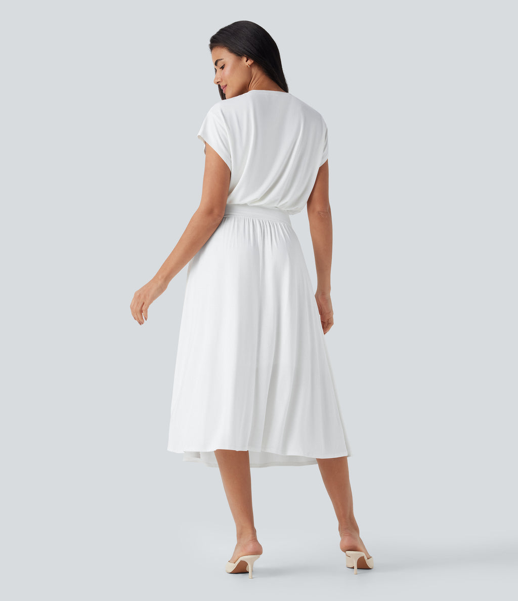 Tummy Control Batwing Sleeve Flowy Midi Work Dress with Pockets — White — view 2