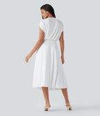 Tummy Control Batwing Sleeve Flowy Midi Work Dress with Pockets — White — view 2