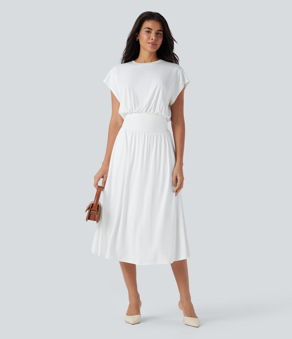 Tummy Control Batwing Sleeve Flowy Midi Work Dress with Pockets — White — view 5