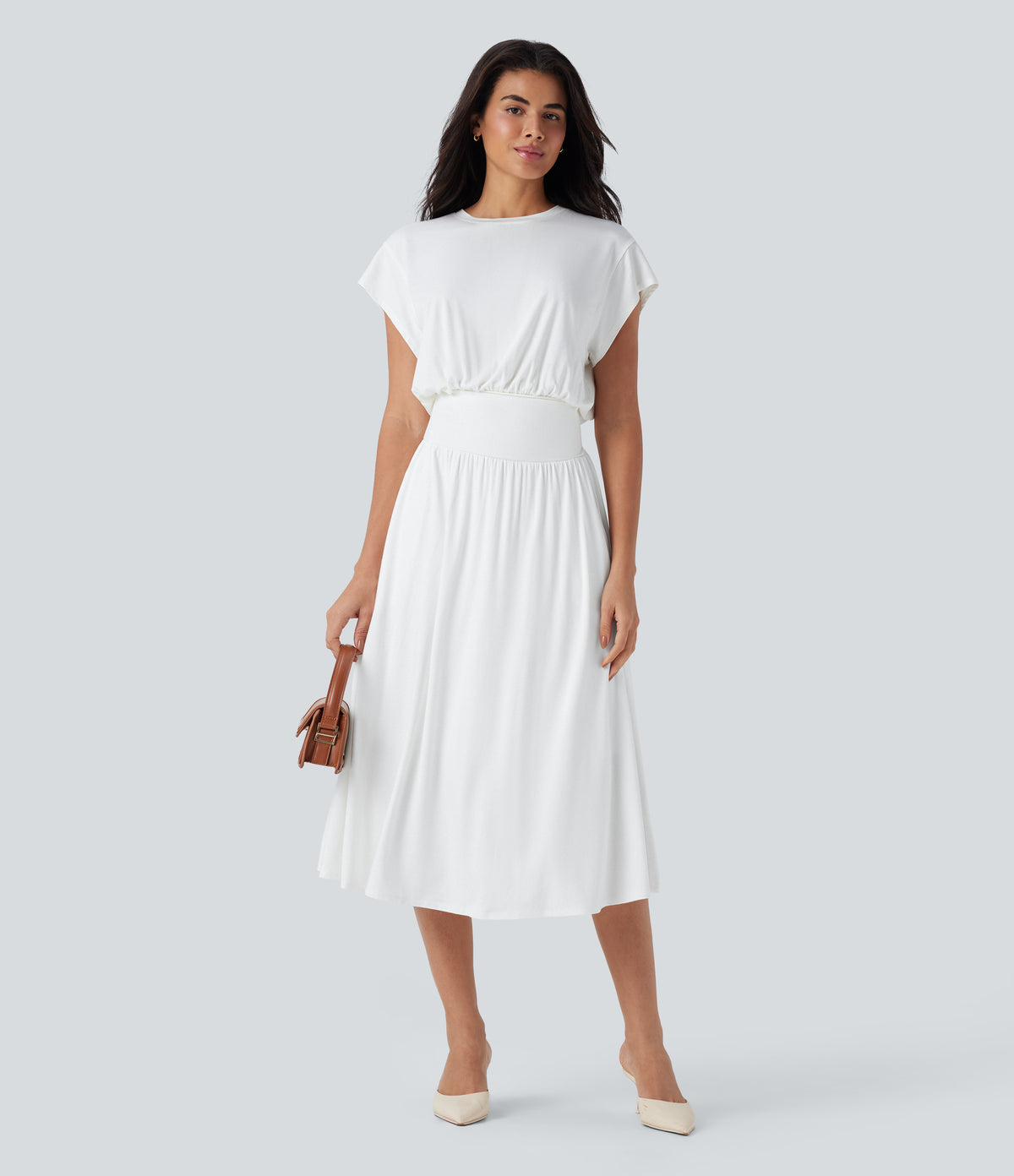 Tummy Control Batwing Sleeve Flowy Midi Work Dress with Pockets — White — view 5