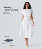 Tummy Control Batwing Sleeve Flowy Midi Work Dress with Pockets — White — view 1