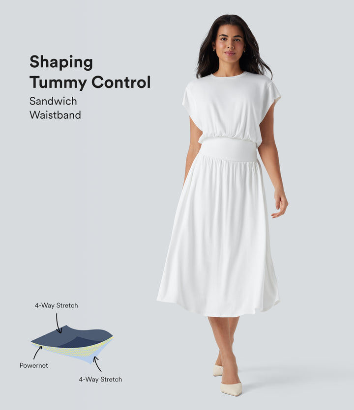 Tummy Control Batwing Sleeve Flowy Midi Work Dress with Pockets — White — view 1