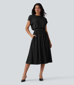 Tummy Control Batwing Sleeve Flowy Midi Work Dress with Pockets — Black — view 6