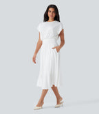 Tummy Control Batwing Sleeve Flowy Midi Work Dress with Pockets — White — view 3
