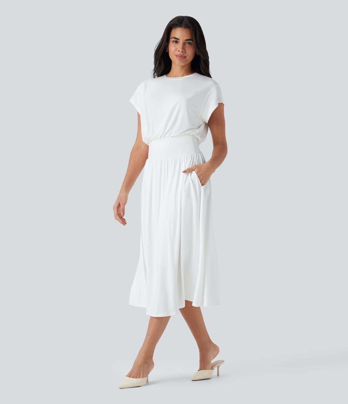 Tummy Control Batwing Sleeve Flowy Midi Work Dress with Pockets — White — view 3