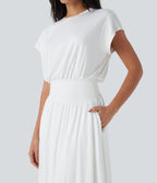 Tummy Control Batwing Sleeve Flowy Midi Work Dress with Pockets — White — view 4