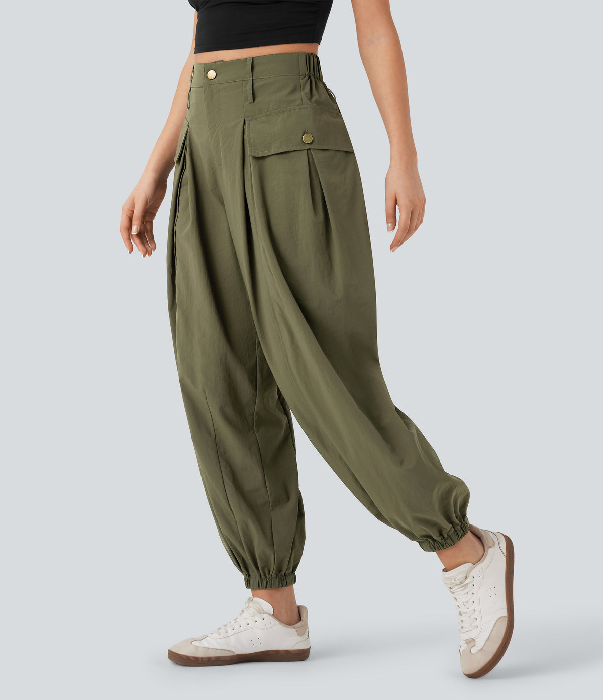 High Waisted Flap Pockets Casual Cargo Joggers — Dried Herb — view 3