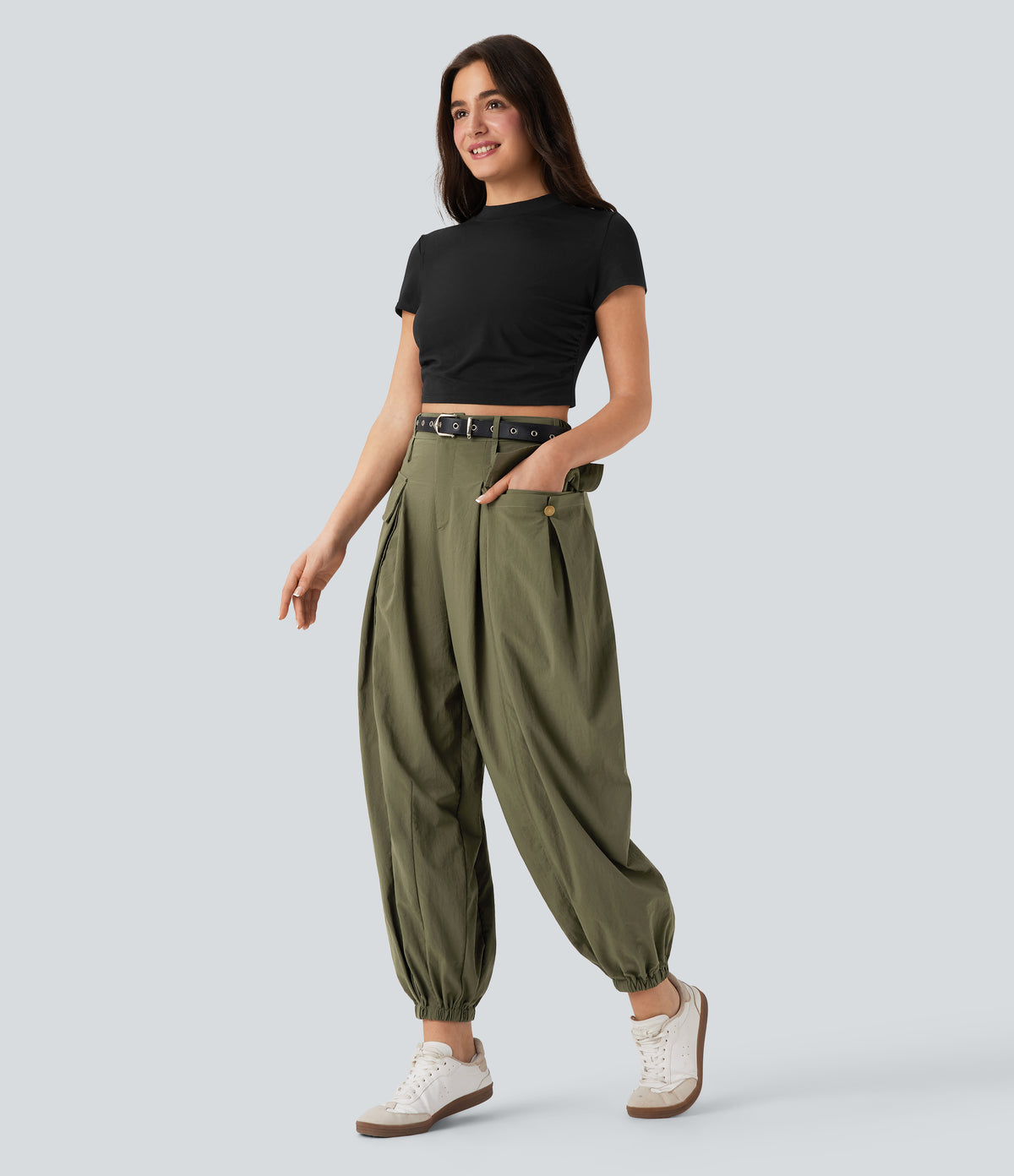 High Waisted Flap Pockets Casual Cargo Joggers — Dried Herb — view 7