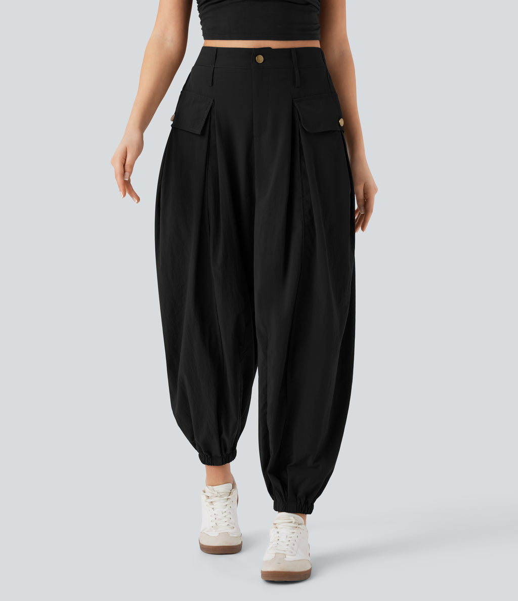 High Waisted Flap Pockets Casual Cargo Joggers — Black — view 8