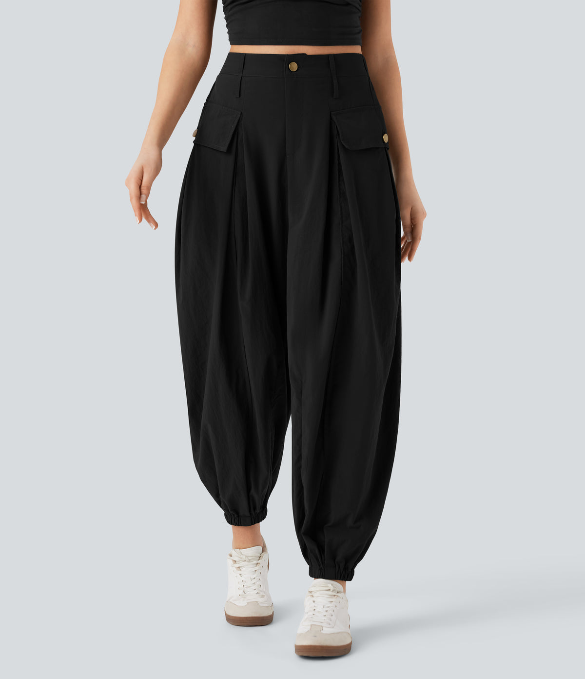 High Waisted Flap Pockets Casual Cargo Joggers — Black — view 8