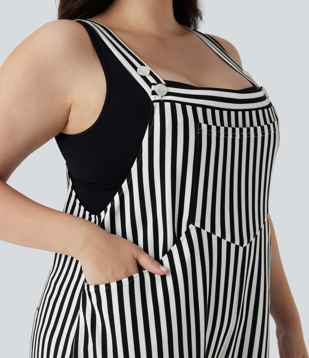 Plus Size Adjustable Strap Button Stripe Waffle Resort Dungarees with Multiple Pockets — Black White Horizontal Stripe — view 5