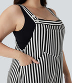 Plus Size Adjustable Strap Button Stripe Waffle Resort Dungarees with Multiple Pockets — Black White Horizontal Stripe — view 5