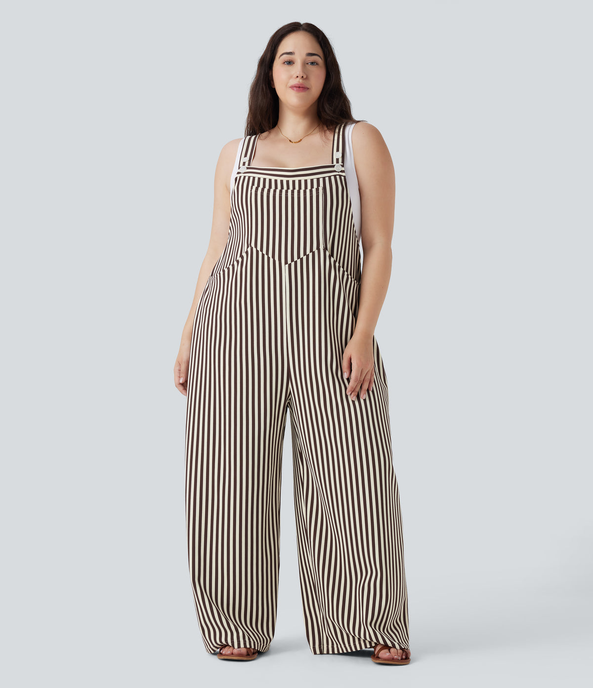 Plus Size Adjustable Strap Button Stripe Waffle Resort Dungarees with Multiple Pockets — Khaki Brown Horizontal Stripe — view 7