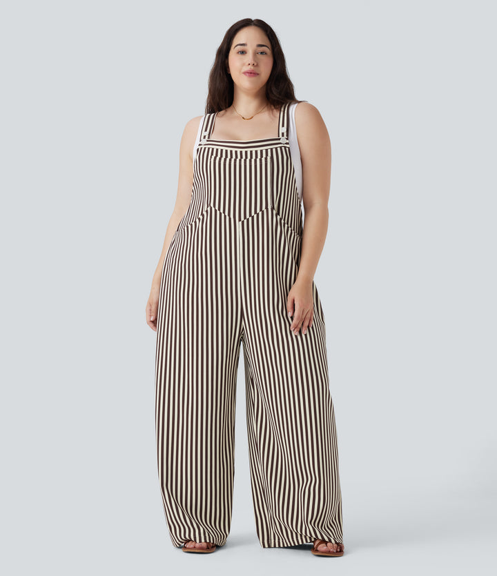 Plus Size Adjustable Strap Button Stripe Waffle Resort Dungarees with Multiple Pockets — Khaki Brown Horizontal Stripe — view 7