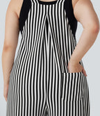 Plus Size Adjustable Strap Button Stripe Waffle Resort Dungarees with Multiple Pockets — Black White Horizontal Stripe — view 4