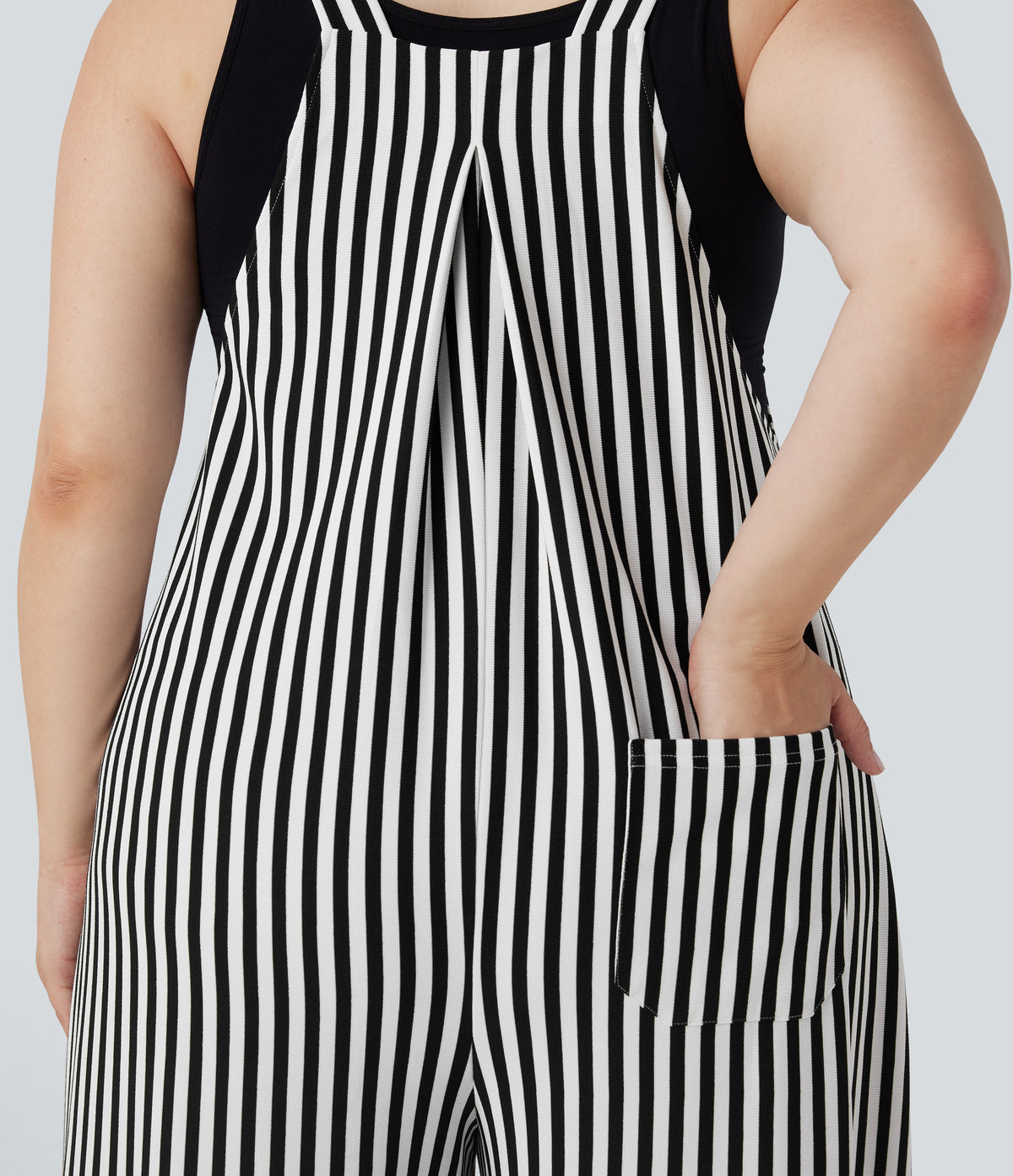 Plus Size Adjustable Strap Button Stripe Waffle Resort Dungarees with Multiple Pockets — Black White Horizontal Stripe — view 4