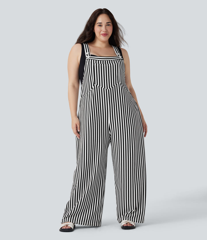 Plus Size Adjustable Strap Button Stripe Waffle Resort Dungarees with Multiple Pockets — Black White Horizontal Stripe — view 1