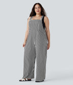 Plus Size Adjustable Strap Button Stripe Waffle Resort Dungarees with Multiple Pockets — Black White Horizontal Stripe — view 3