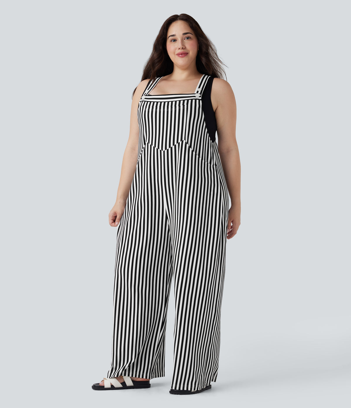 Plus Size Adjustable Strap Button Stripe Waffle Resort Dungarees with Multiple Pockets — Black White Horizontal Stripe — view 3