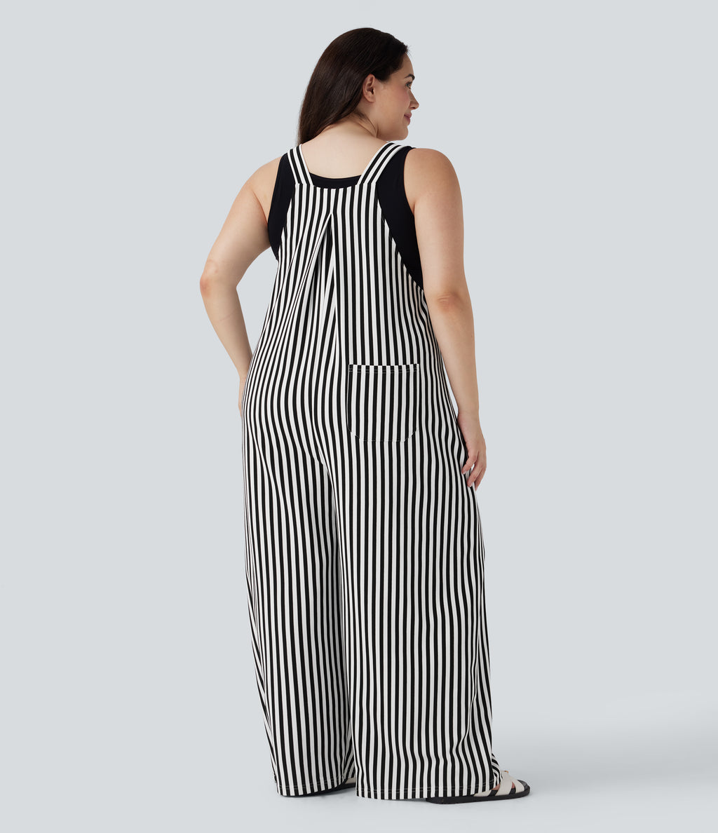 Plus Size Adjustable Strap Button Stripe Waffle Resort Dungarees with Multiple Pockets — Black White Horizontal Stripe — view 2