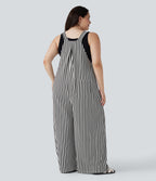 Plus Size Adjustable Strap Button Stripe Waffle Resort Dungarees with Multiple Pockets — Black White Horizontal Stripe — view 2