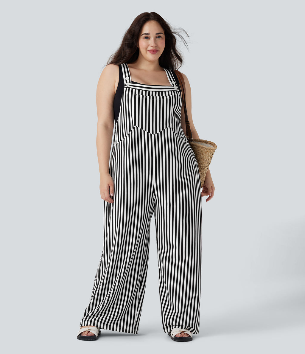 Plus Size Adjustable Strap Button Stripe Waffle Resort Dungarees with Multiple Pockets — Black White Horizontal Stripe — view 6