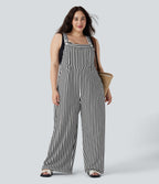 Plus Size Adjustable Strap Button Stripe Waffle Resort Dungarees with Multiple Pockets — Black White Horizontal Stripe — view 6