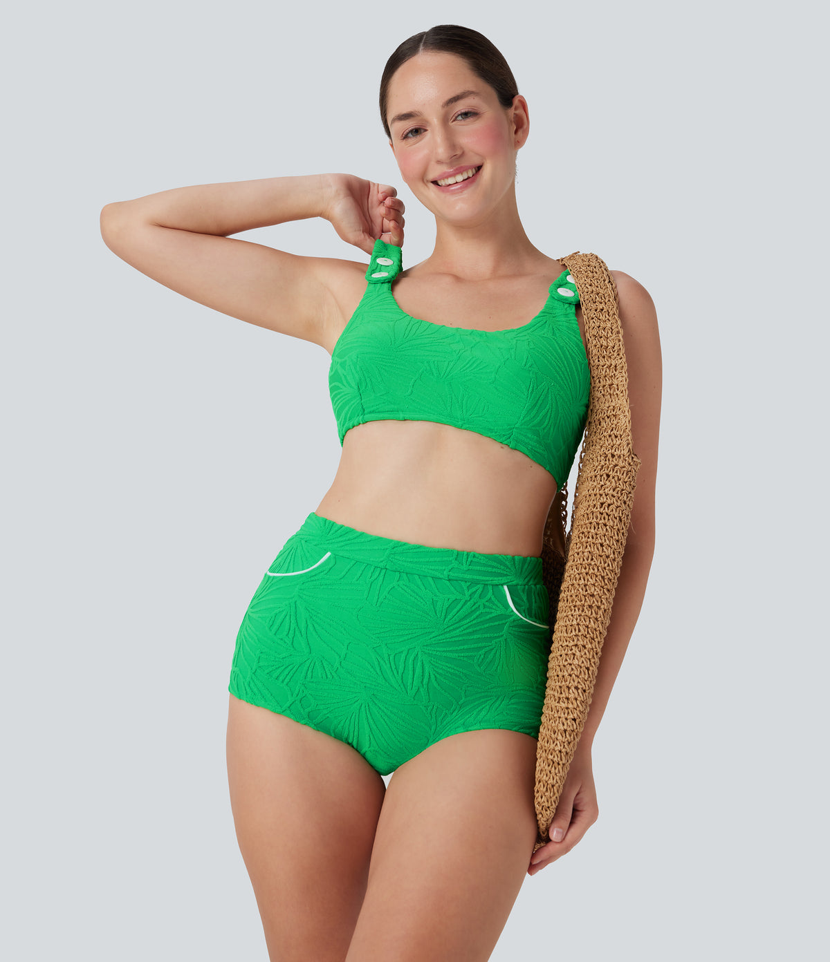 High Waisted Texture Bikini Bottom Swimsuit — Irish Green — view 5