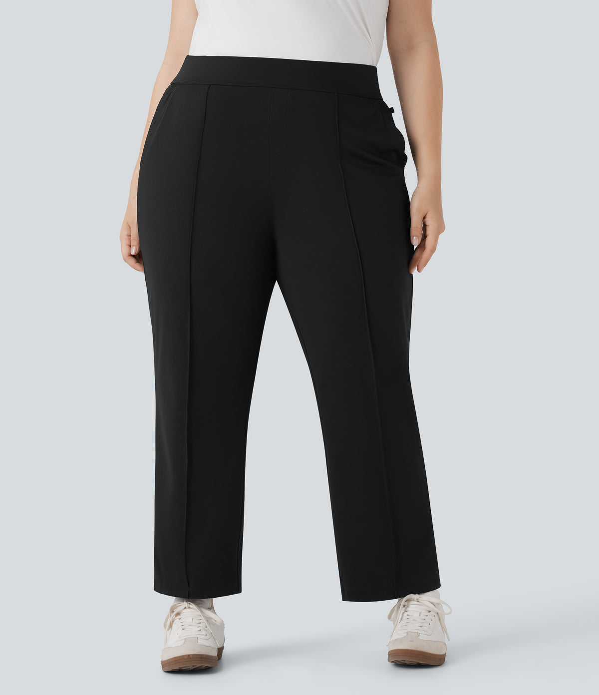 High Waisted Pockets Straight Leg Quick Dry Golf Plus Size Trousers-Golf Tee-UPF40+ — Black — view 3