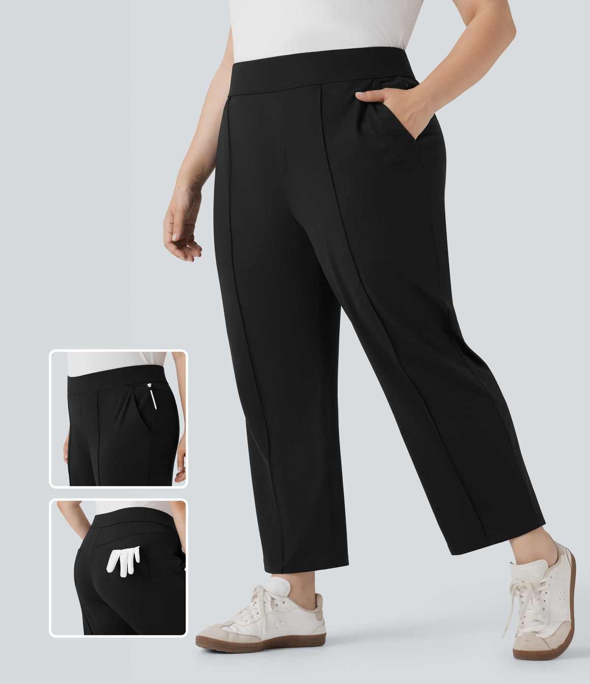 High Waisted Pockets Straight Leg Quick Dry Golf Plus Size Trousers-Golf Tee-UPF40+ — Black — view 1